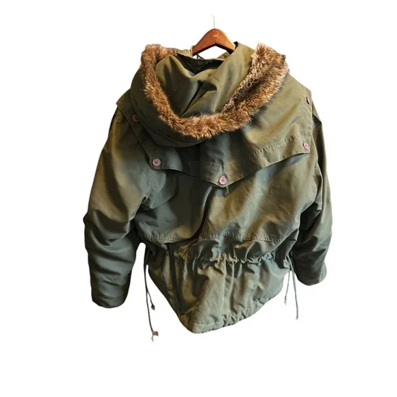 Express French Country Olive‎ Green Hooded Faux Fur Lined Jacket Size S - Picture 3 of 10